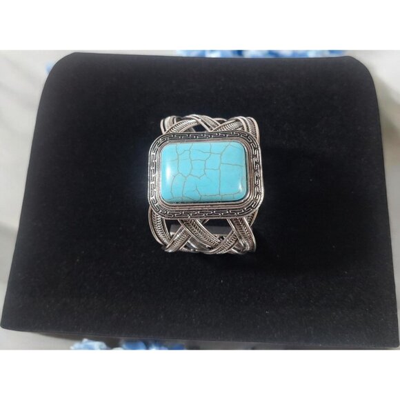 Vintage Tibetan Silver with Synthetic Turquoise Stone Cuff Bracelet Bangles - Picture 8 of 8